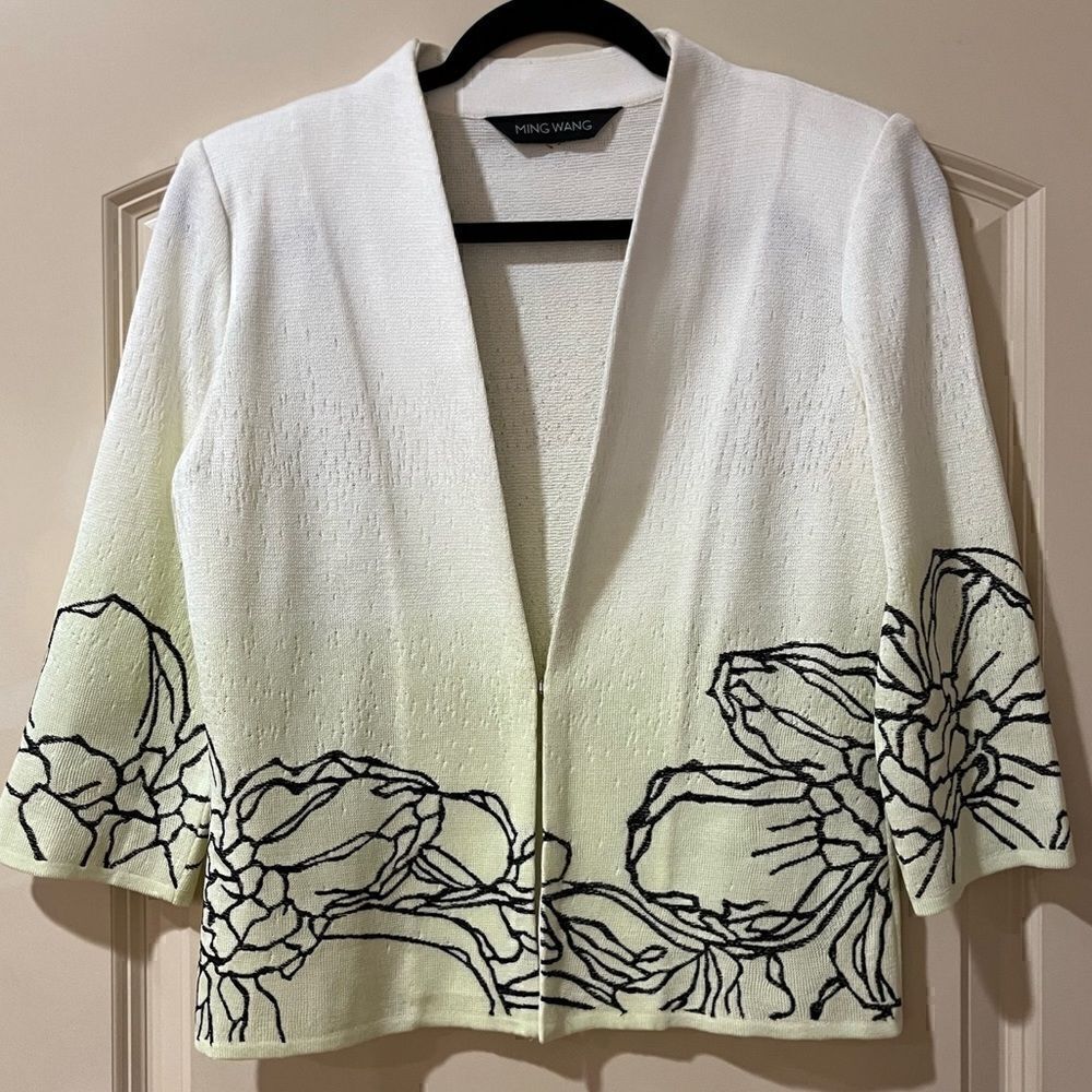 MING WANG Embroidered Jacket Blazer Black White Light Green Women’s Size SP